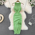 Retroelegant vest dress classy waist slimming look pleated drawstring long bottom hip-hugging knittingdress