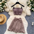 Korean style red striped bandeau top and tie-waist midi skirt set - women's summer slim fit flattering two-piece hot girl outfit