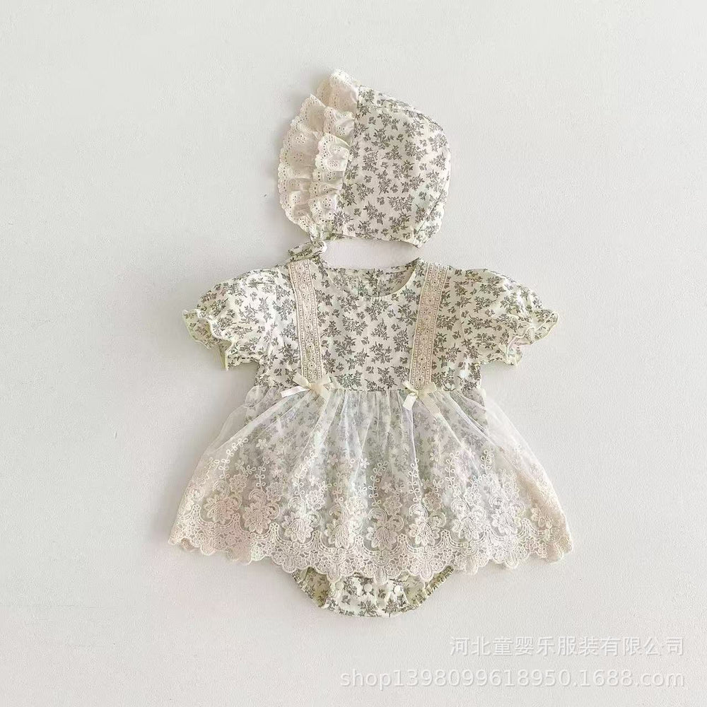 Newborn baby summer romper dress - baby girl short sleeve lace outfit - 100-day celebration dress - princess style outerwear - crawling suit - trendy
