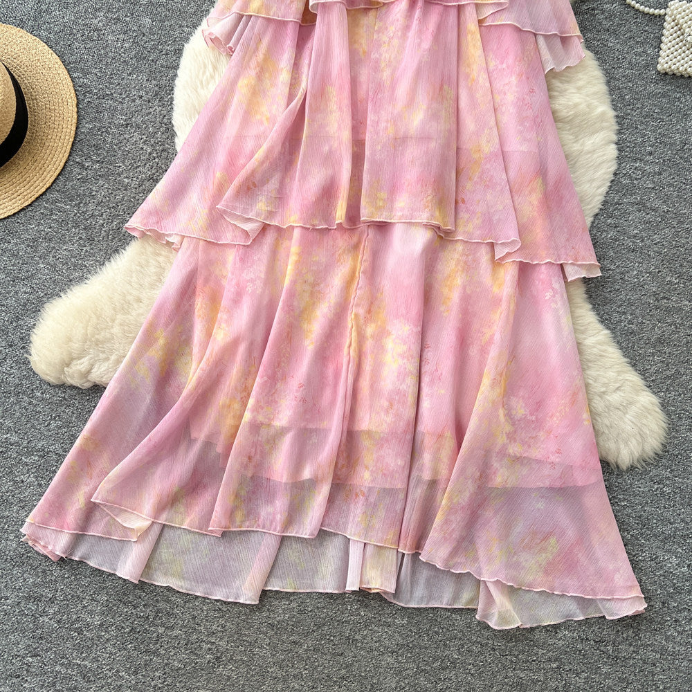 French riviera style pink ruffle cake dress - sleeveless off-the-shoulder a-line summer dress - stunning and unique design