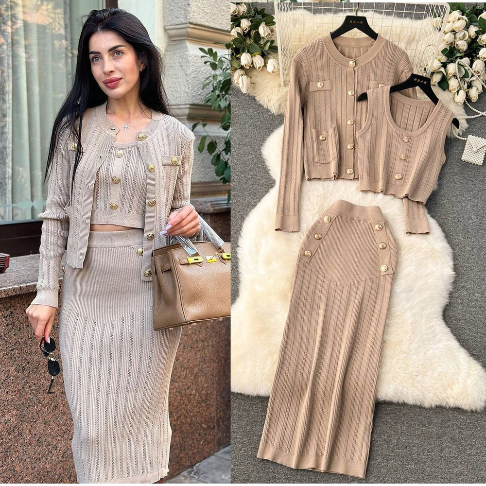 Xiaoxiangfengsuit early spring wear short vest easiest for matchknittingcardigan double-breasted skirtelegant three-piece set