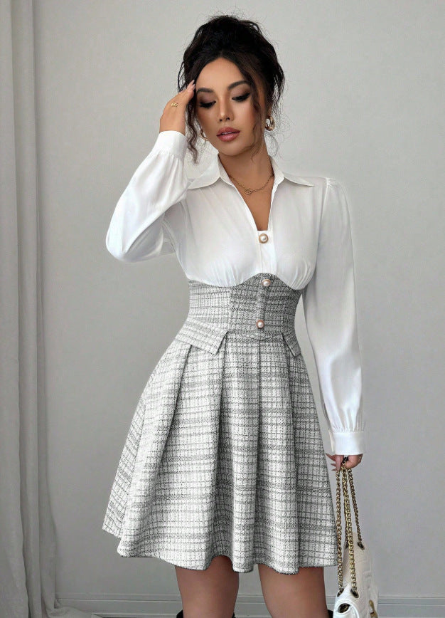 Fashion cross-border  accessible luxury thick flower patchwork short skirt pure white lapel long sleevestopsmatching light gray dress