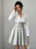 Fashion cross-border  accessible luxury thick flower patchwork short skirt pure white lapel long sleevestopsmatching light gray dress