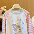 New spring/autumn girls' pink cartoon kitten striped base layer sweatshirt, casual cute long-sleeve t-shirt for baby girls, children's clothing