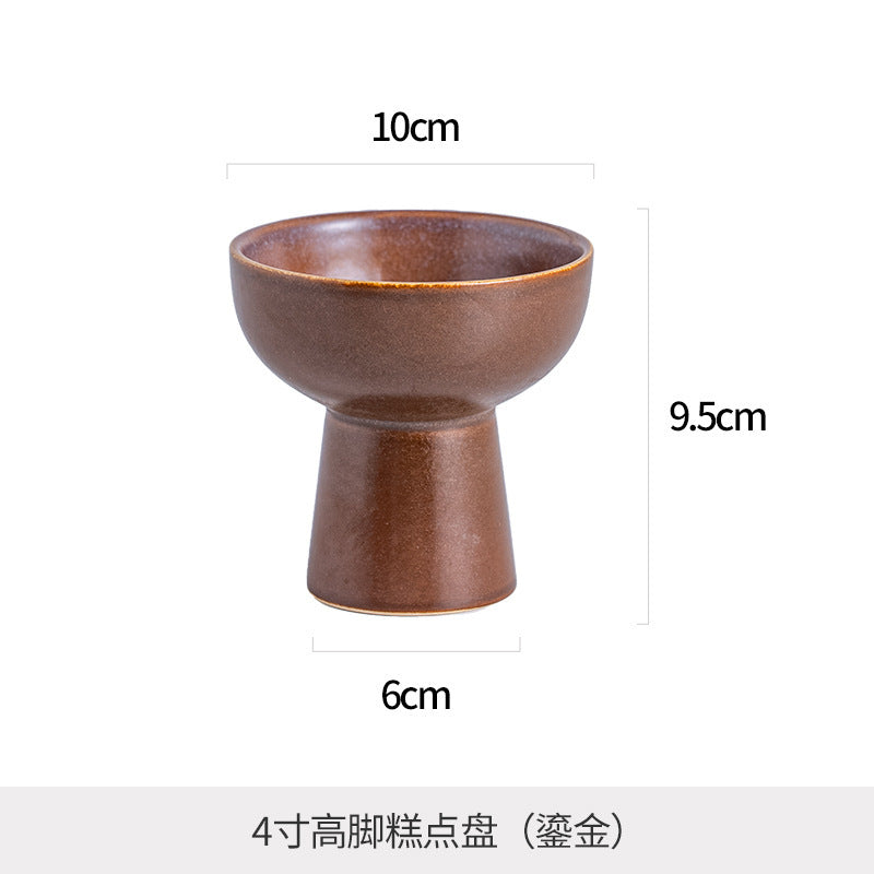 Creative ceramic tall plate for home fruit bowl plate restaurant snacks tea snacks dried fruit plate retro kiln turned ice cream cup
