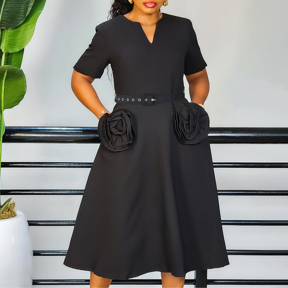 D576 women's foreign trade summer  new fashion v-neck elegant short sleeve cinched waist a-line dress plus size european and american style dress