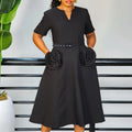 D576 women's foreign trade summer  new fashion v-neck elegant short sleeve cinched waist a-line dress plus size european and american style dress