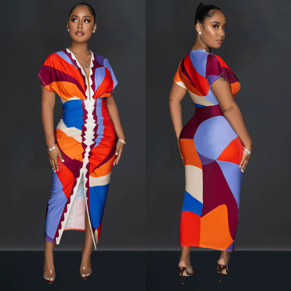 X6660 special offer: no returns or exchanges. please purchase with care. fashionable women's v-neck printed slit pleated maxi dress