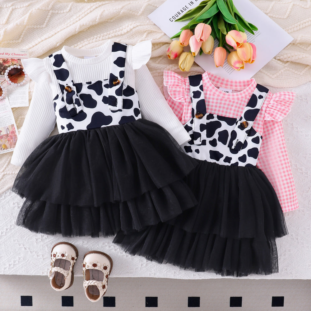 european and american style autumn/winter new collection: girls' plaid long-sleeve top and cow print suspender mesh skirt set (sizes for toddlers and young children)