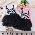 european and american style autumn/winter new collection: girls' plaid long-sleeve top and cow print suspender mesh skirt set (sizes for toddlers and young children)