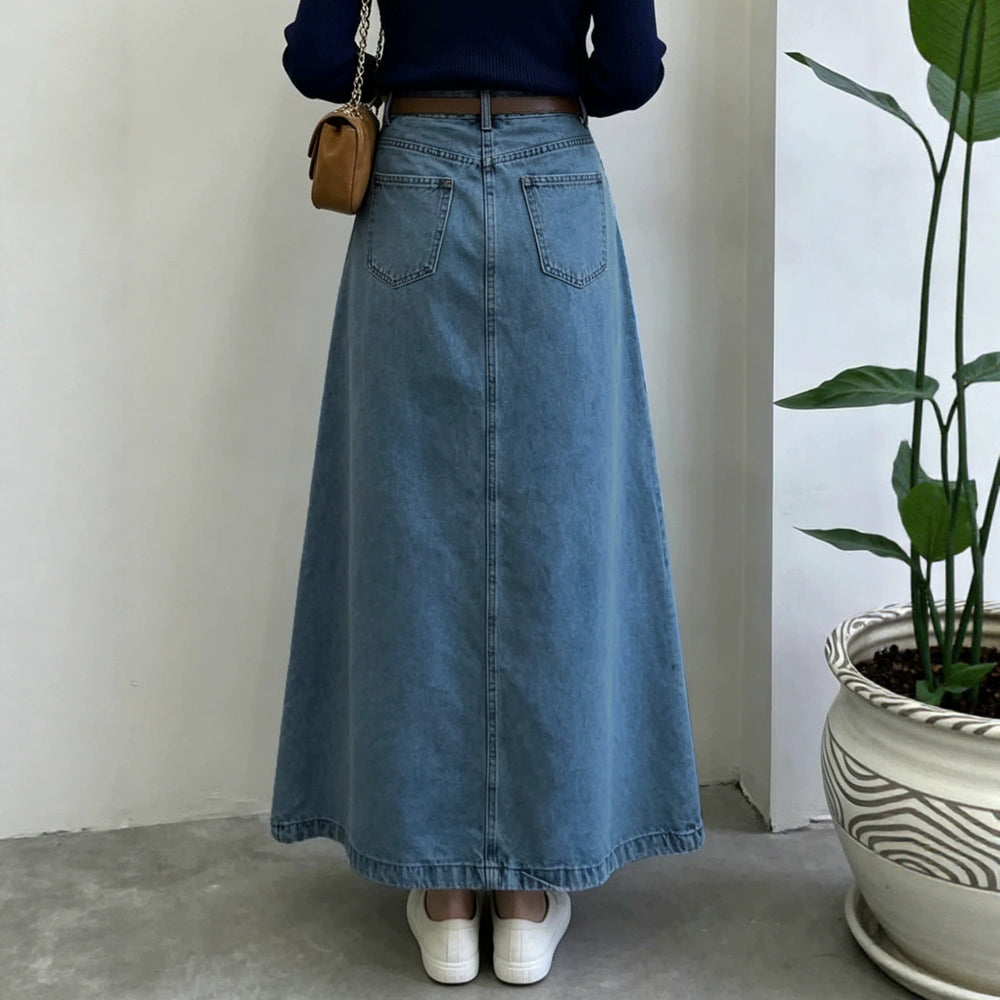 Vintage blue washed midi skirt - women's high-waisted a-line denim skirt - casual, versatile, slimming, non-stretch maxi skirt