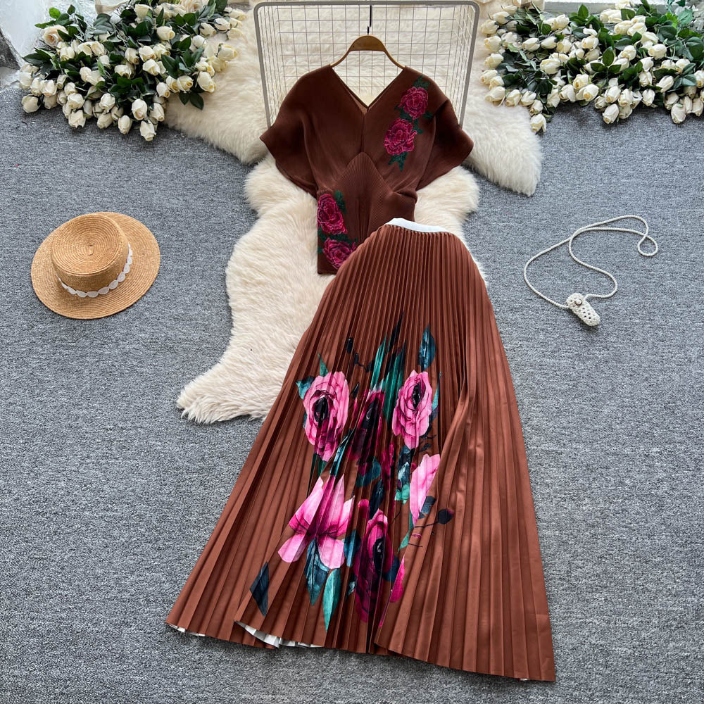 Fashionfashionsuit women's autum miyake pleated silmv neck short sleeve pleated topshigh waistpleated skirt