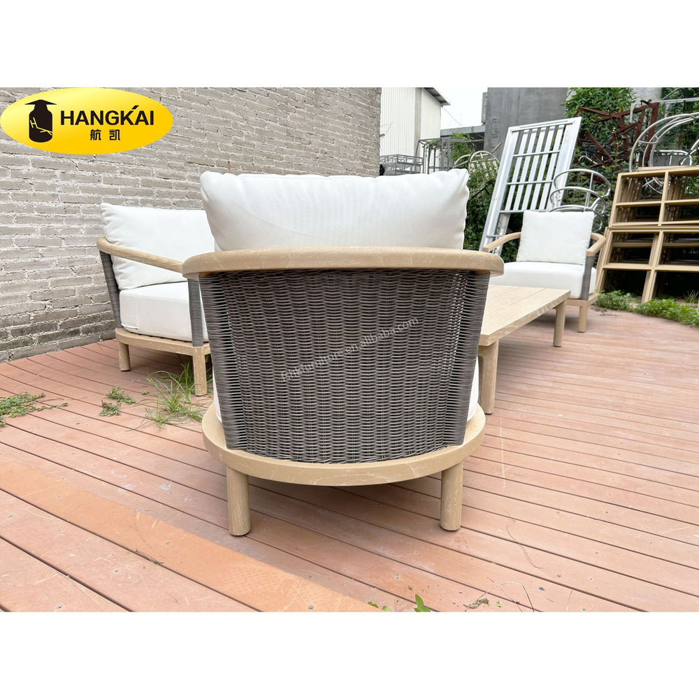Complete custom nordic casual outdoor rattan woven teak sofa set for villa courtyard, outdoor rattan woven table and chair set with solid wood frame