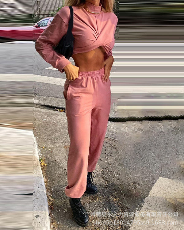 LZC1020 Spot Foreign Trade-2022 European and American new semi-turtleneck kinked elastic long-sleeved set