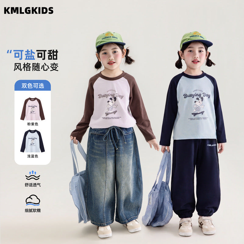 Girls' autumn clothing  new loose color block little girl's clothes long sleeve t-shirt kids cartoon print top