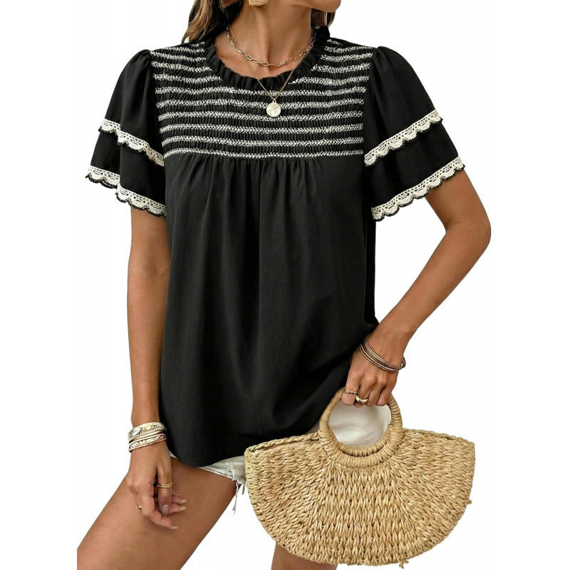 Amazon round neck ruffle short sleeve shirt women's  summer new casual bohemian style top