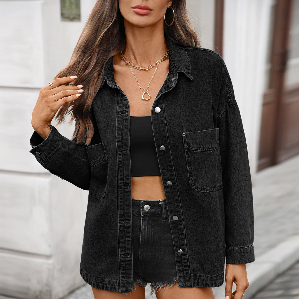 Fashion cross-border foreign trade  new style washed retro loosecasual early autumn new style slit denim shirt