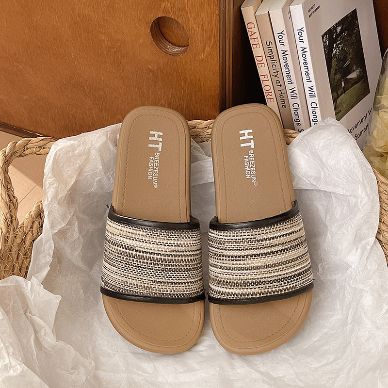 French knit one-strap slippers for women, summer outdoor wear, 2026 new roman ethnic style beach flat sandals