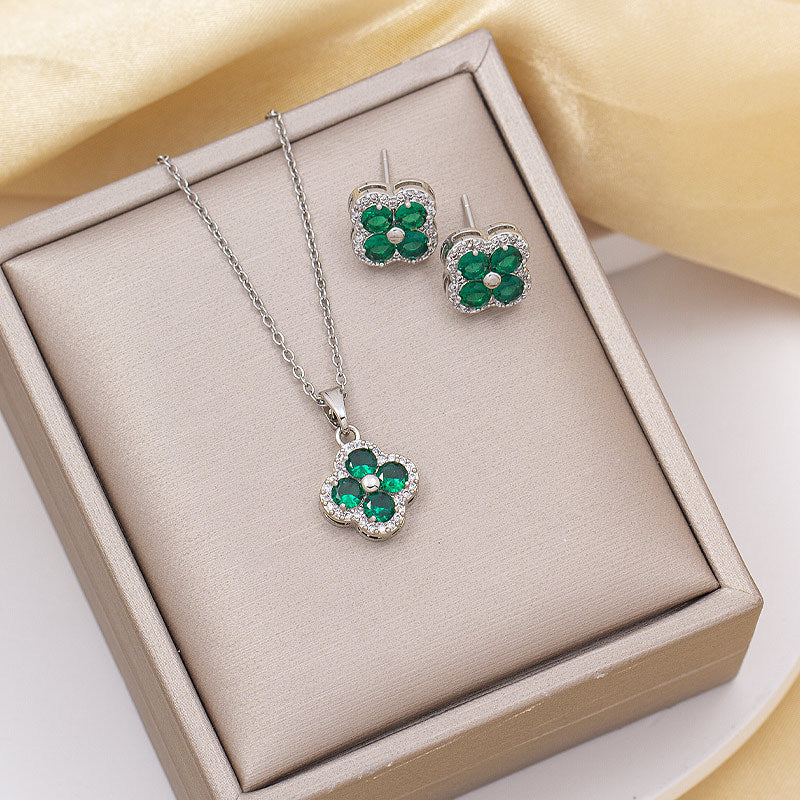 [copper inlaid with zirconium] necklace for women, long four-leaf clover pendant earrings, light luxury high-end titanium steel popular clavicle chain jewelry