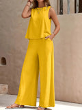 fashion cross-border best sellingpure colorelegancetwo-piece set round neck vest and loose pants suit women's clothing