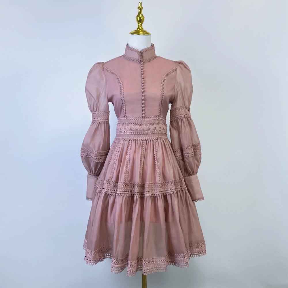export design: autumn elegant court style lantern sleeve fitted waist dress with stand collar and lace trim mini skirt