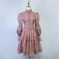 export design: autumn elegant court style lantern sleeve fitted waist dress with stand collar and lace trim mini skirt