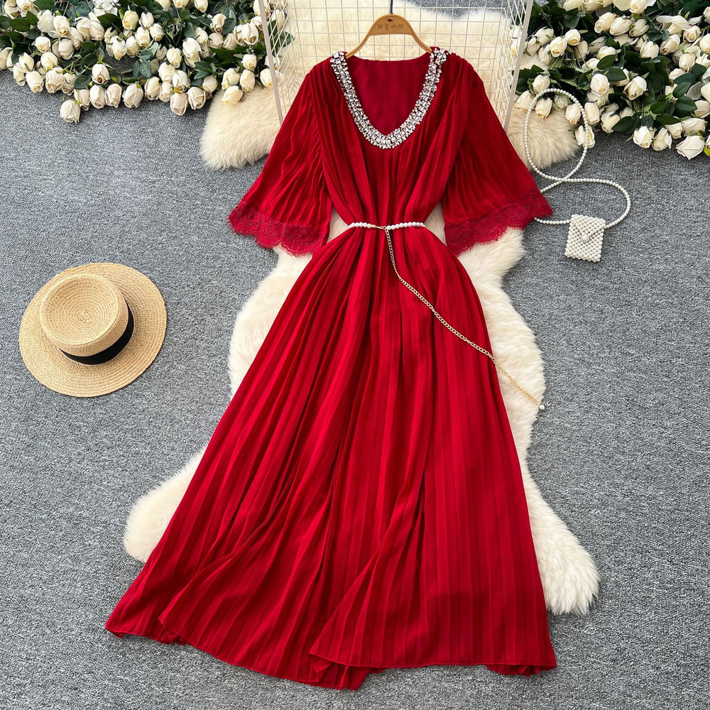 French-style embellished v-neck lace patchwork midi dress with ruched detail and tie-waist – women's loose-fit maxi dress