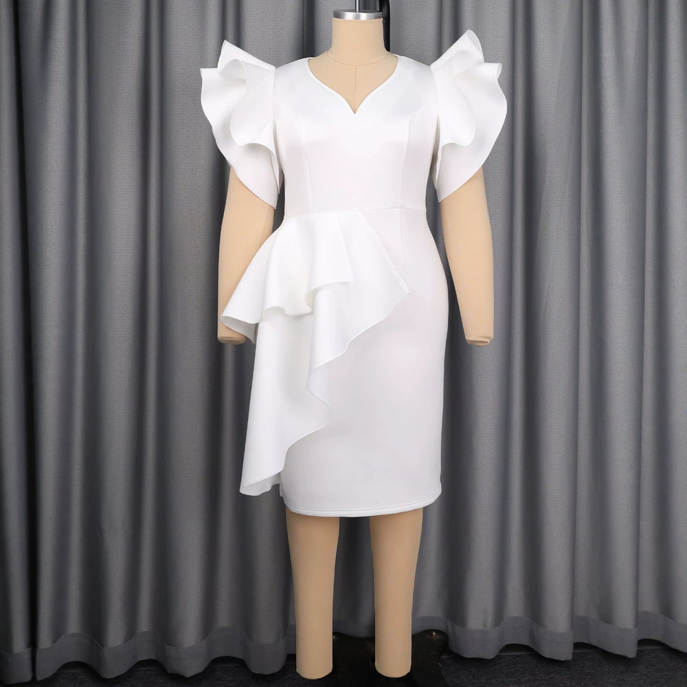 women's sexy v-neck high-waisted bodycon mini dress - commute-ready white ruffle hem party dress