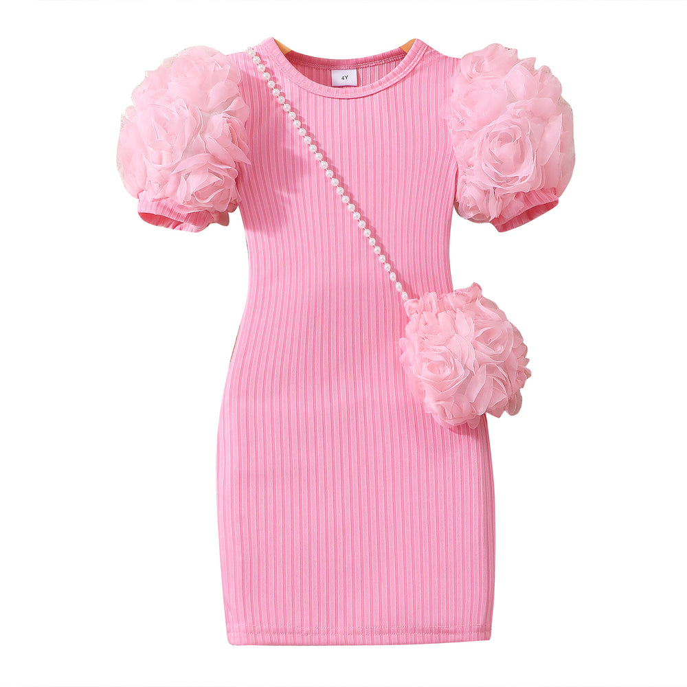 Children's flower short-sleeved dress + flower shoulder bag