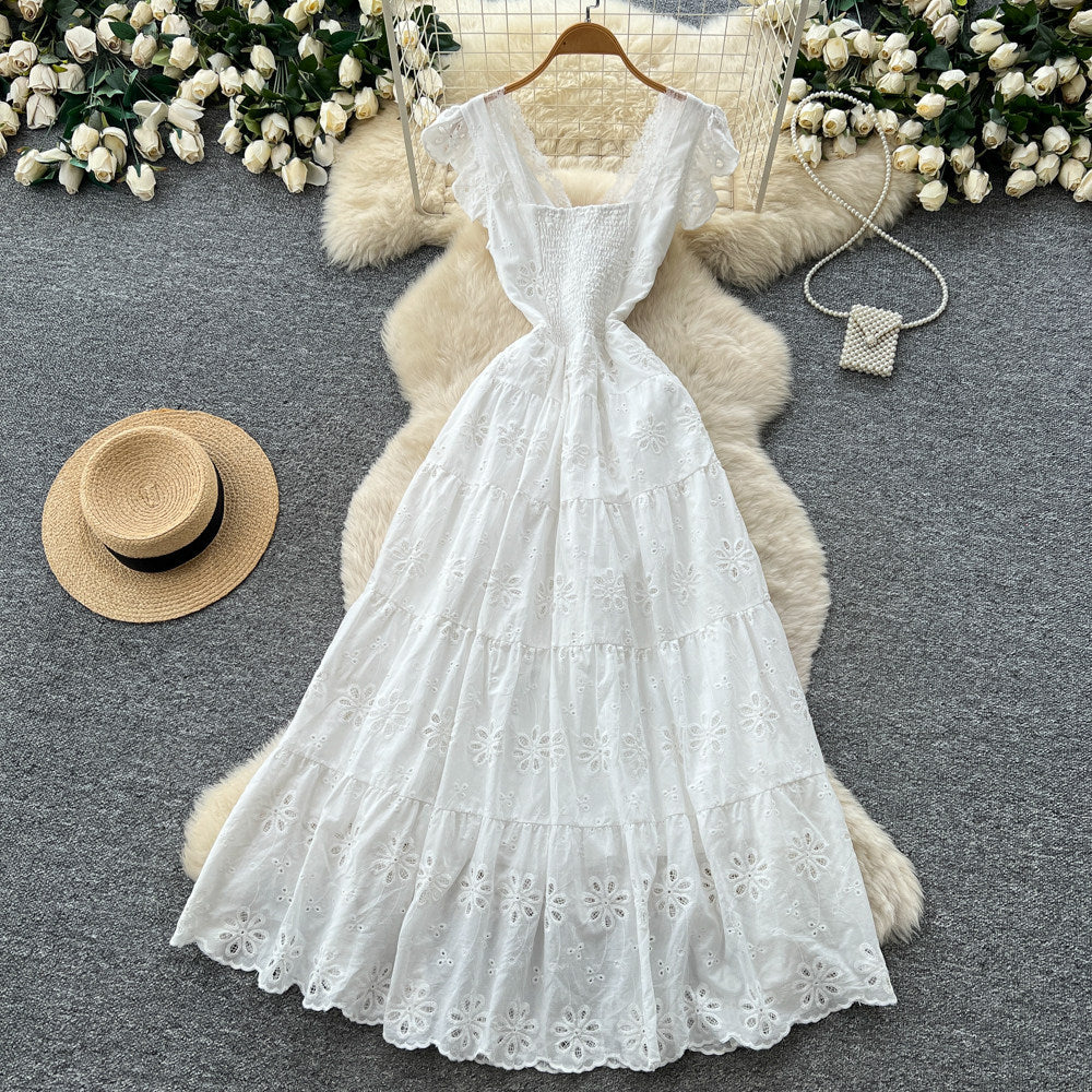 French riviera style v-neck white hollow-out lace trim dress - women's summer high-waisted slimming elegant maxi dress