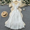 French riviera style v-neck white hollow-out lace trim dress - women's summer high-waisted slimming elegant maxi dress