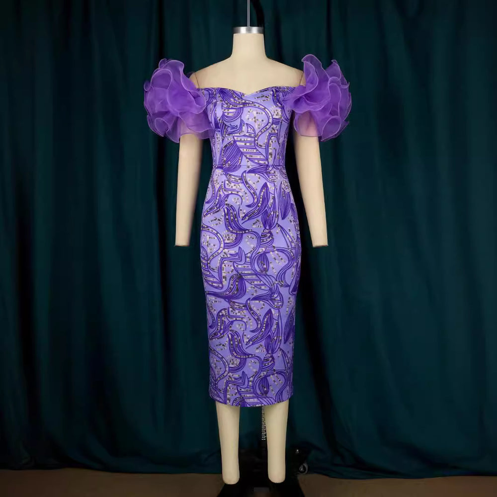 Am220631 mesh sleeve patchwork print bodycon midi dress party evening gown women's dress