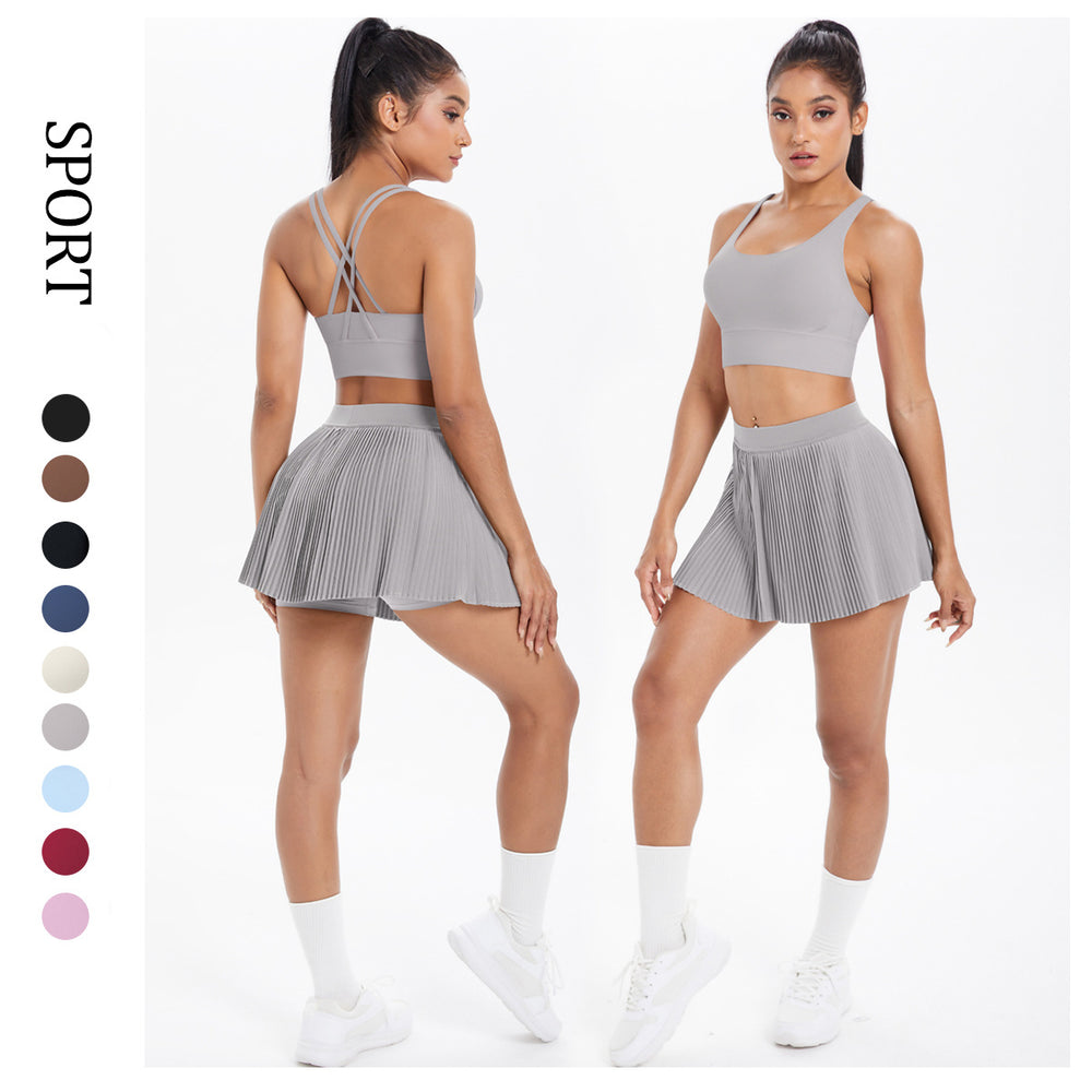 Cloud-feel quick-dry breathable anti-exposure undershirt tennis pleated skirt sports bra set for women's running, fitness, and yoga