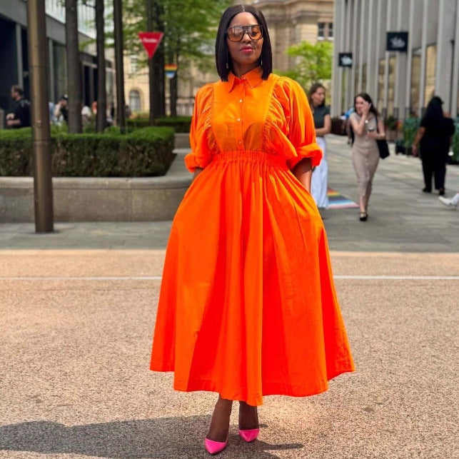 European and American large size lapel solid color long cardigan dress women's African loose foreign style fashion new long skirt tide