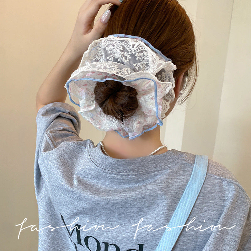 Pink floral mesh large intestine hair tie for women, extra large, high-end, lazy style hair rope, hair accessories, ball head, easiest for match