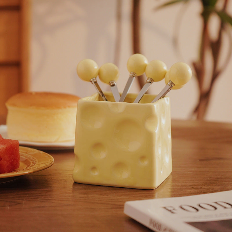 Creamy chic fruit fork set - premium ceramic cheese storage jar - versatile bar decor & perfect gift