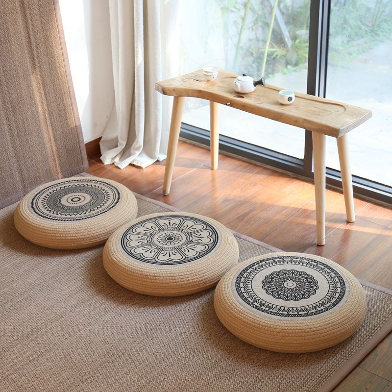 Futon pouf, tatami floor, bay window, retro coffee table, pouf, living room floor cushion, hemp rope meditation stool