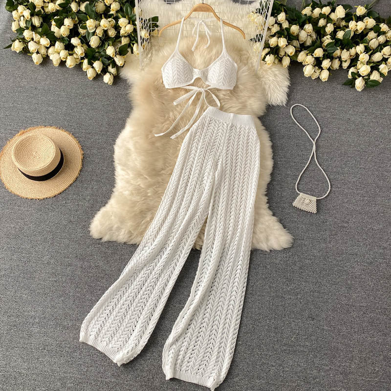 Beach vacation set for women: sexy bikini with halter top, unique cutout knit wide-leg pants