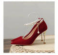 Red wedding shoes for women, new spring 2025 collection, pearl chain bridal shoes, xiuhe dress style, chinese high heels