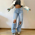 Fashionjeans women's ripped high waist wide leg mop pants american retro washed loosestraight-leg beggar pants