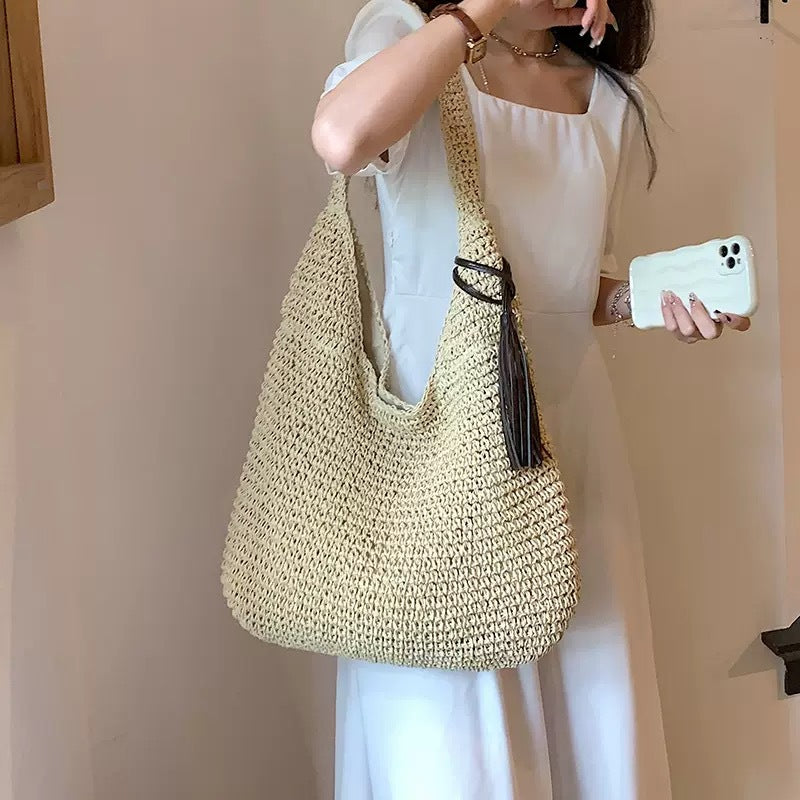 Mori Lazy Wind Woven Bag Stylish and Simple Shoulder Bag Handmade Woven Bag Casual Versatile Large Capacity Beach Bag