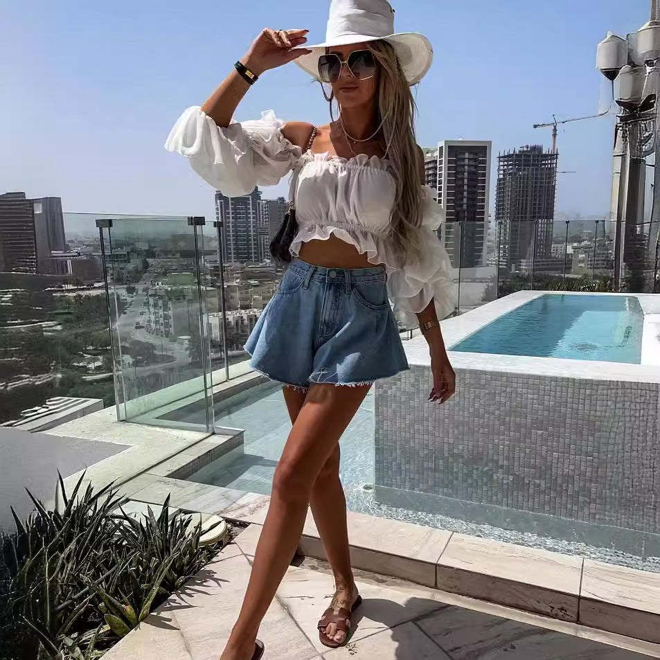 Export ripped denim shorts for women, hot-selling new arrival summer wide-leg fringed shorts, washed and worn jeans