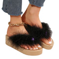 2024 summer new fuzzy slippers women's thick sole slides european and american beach rhinestone wedge flip flops