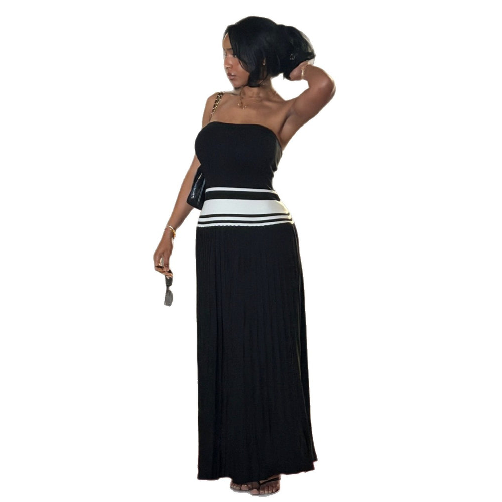 European and american cross-border women's fashion:  summer new arrivals - sexy and chic bandeau color block slimming pleated dress