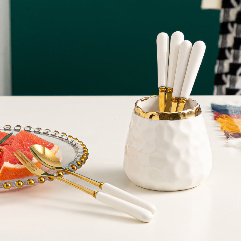 Simple fruit fork spoon ceramic storage jar stainless steel high-looking ceramic handle fruit fork household set wholesale