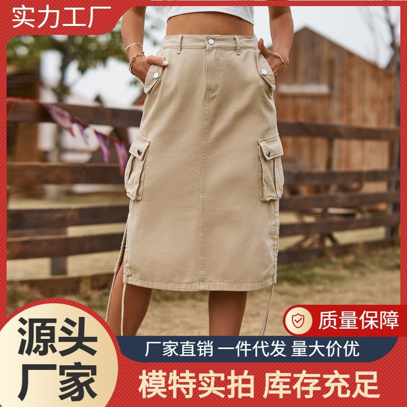 European and american women's clothing  cross-border foreign trade  new arrival denim tie backworkwear skirt casual mid-length skirt trendy