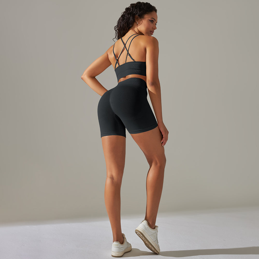 fashion seamless tight cross back sports intimates yoga suit running fitness shorts two-piece set