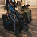 Fashionjeans women's cross-border black and gray snowflake washed multi-layer large hole straight-leg pants raw edge loose style denim