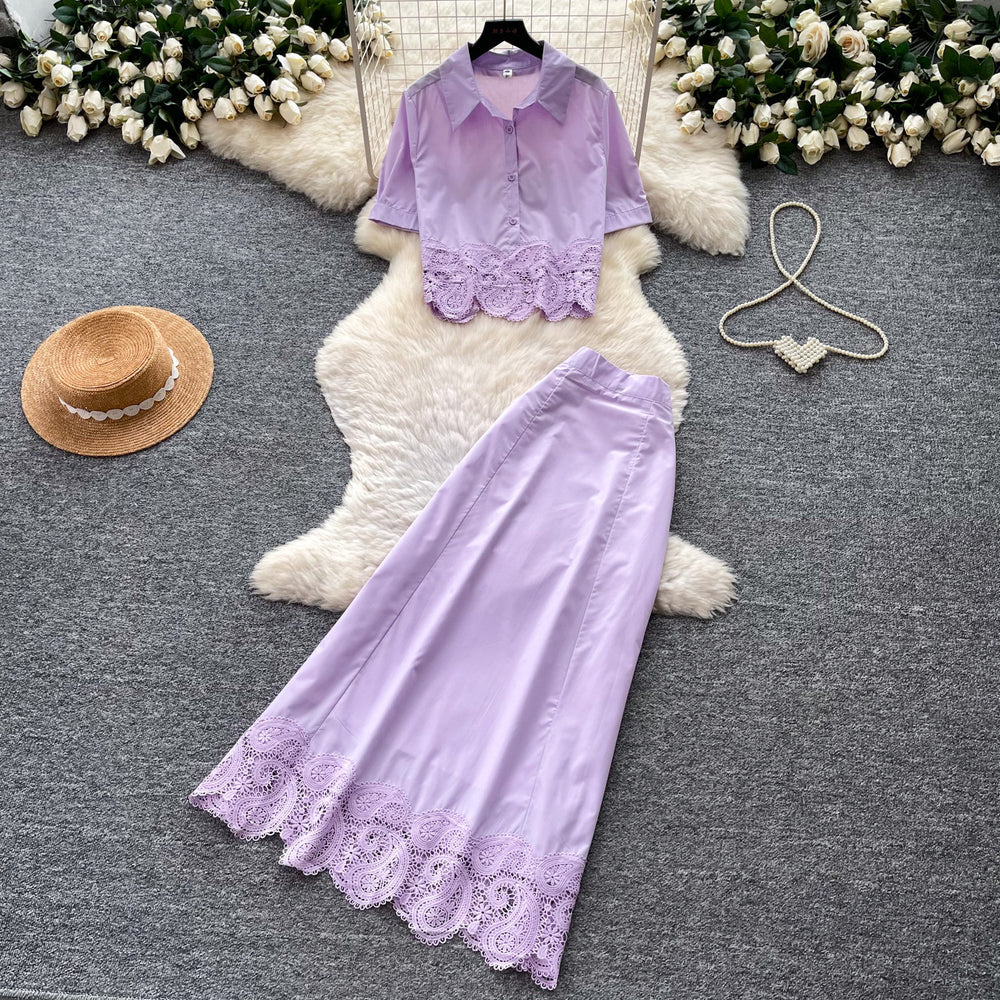 Korean style hollow-out lace tank top and midi skirt set - women's summer slim fit two-piece outfit - commute-friendly, light luxury, and elegant