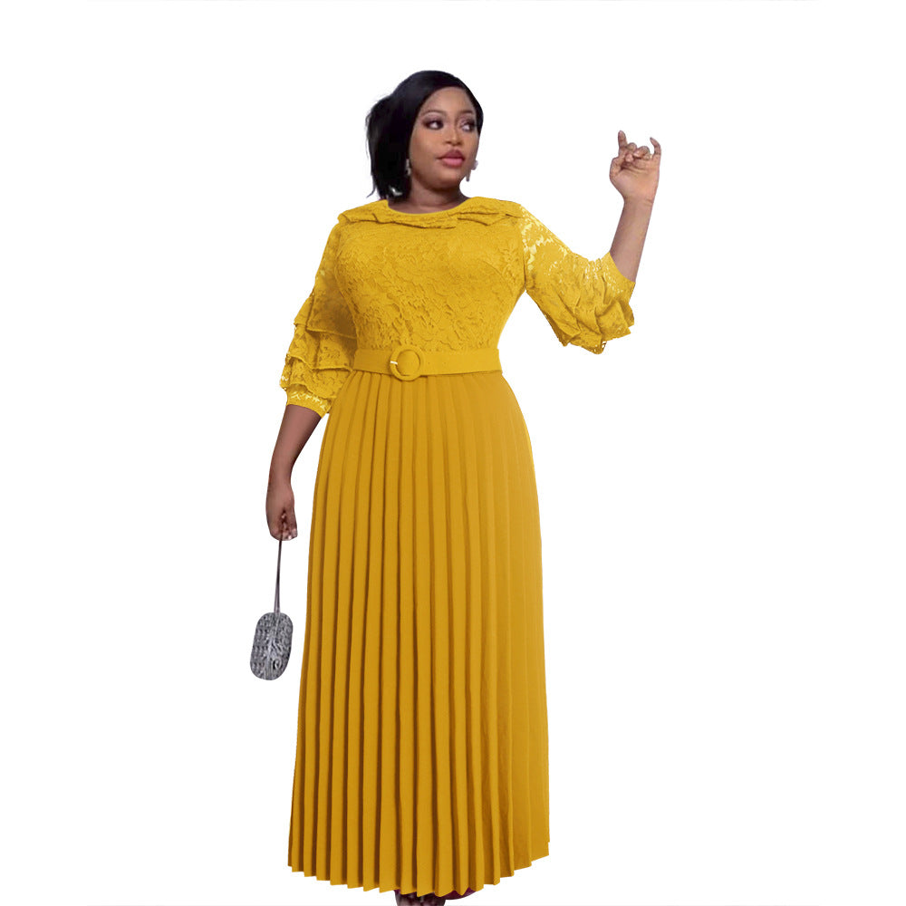 new european and american export evening gown,    lace maxi dress, african plus size pleated skirt